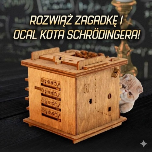Pudełko escape room Kot Schrödingera - ekologiczne puzzle drewniane