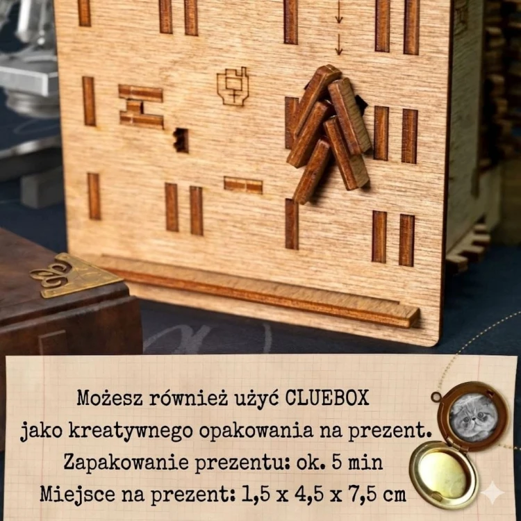 Mechanizm otwierania Cluebox Schrodinger's Cat - precyzyjne cięcie drewna