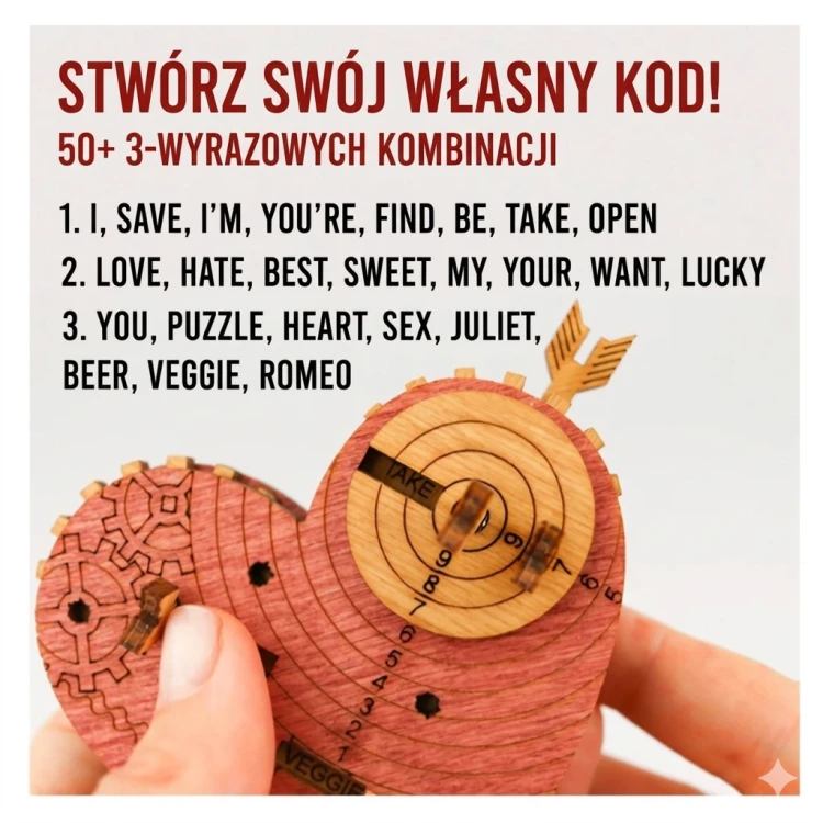 Instrukcja i opakowanie Serca Blaszanego Drwala – personalizowana łamigłówka z własnym kodem.