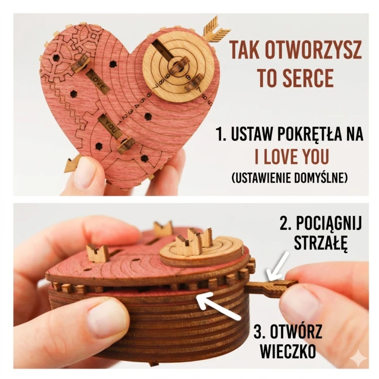 Tin Woodman's Heart trzymane w dłoniach – prezentacja mechanizmu szyfrującego i rozmiaru.