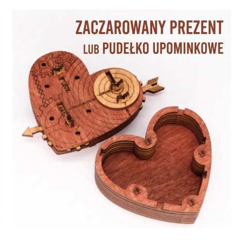 Dwa drewniane serca Cluebox – romantyczna zagadka logiczna i schowek na biżuterię.
