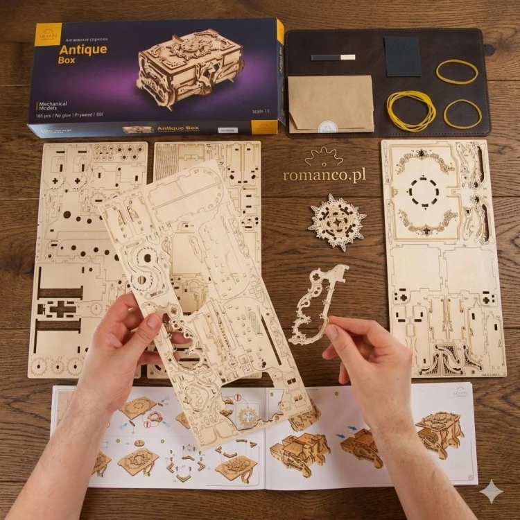 Detale i rzeźbienia drewniana Antyczna Szkatułka Ugears