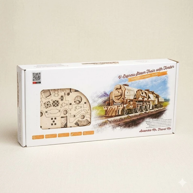 Detale drewnianego modelu pociągu z tendrem Ugears