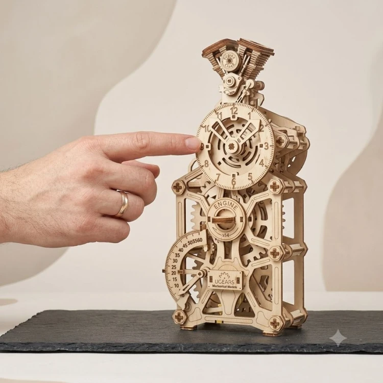 Drewniany zegar mechaniczny z wahadłem i ruchomymi tłokami Ugears